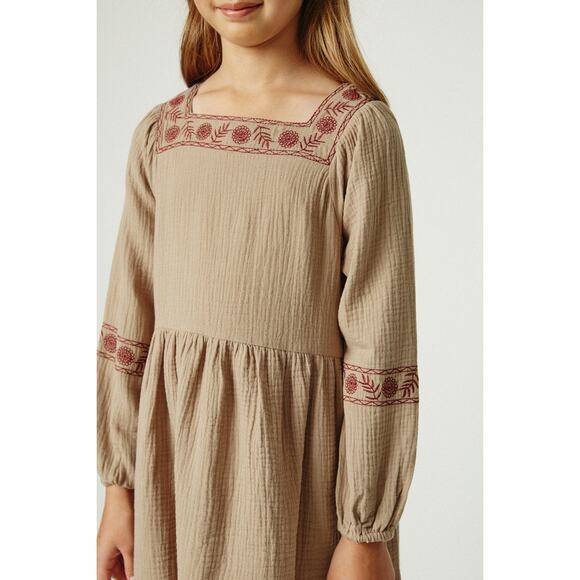 HAYDEN Taffy Khaki Woven Midi Dress Featuring Red Embroidery Small NEW - Picture 2 of 6